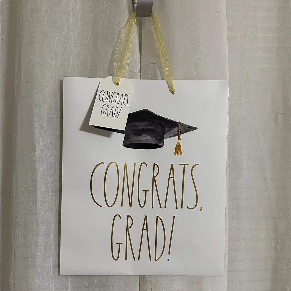RAE DUNN. WHITE BLACK GOLD CONGRATS GRAD! RIBBON HANDLES UNISEX GIFT BAG